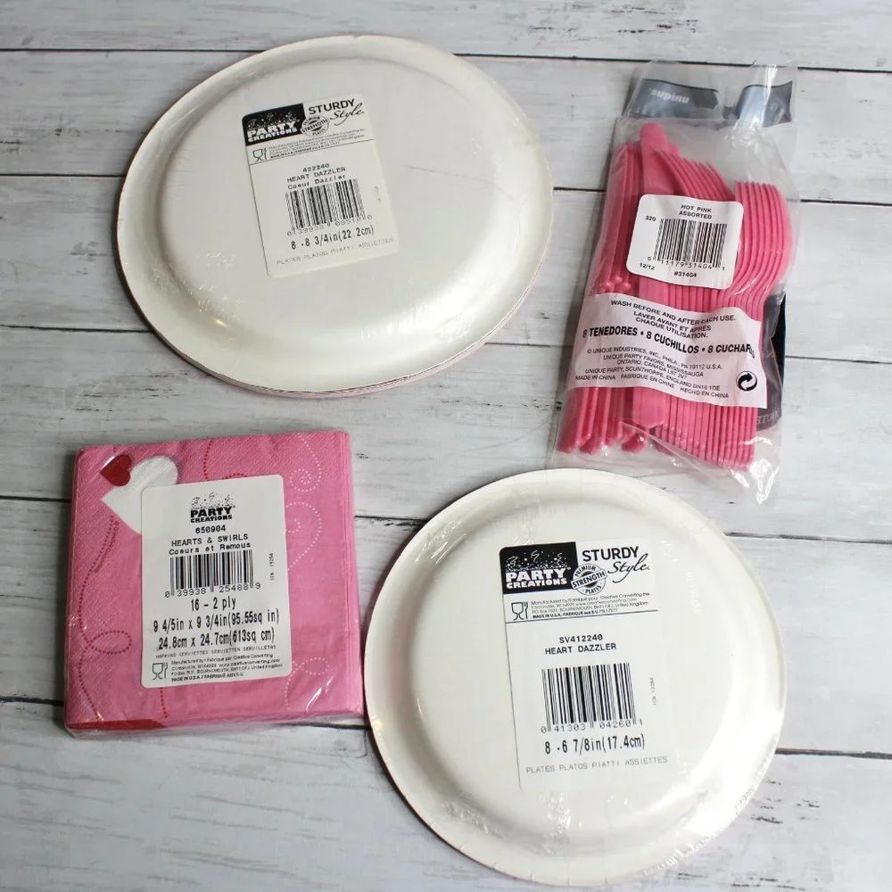 Party Valentine's Day Paper Plates Napkins Cutlery Dinnerware Lot Pink